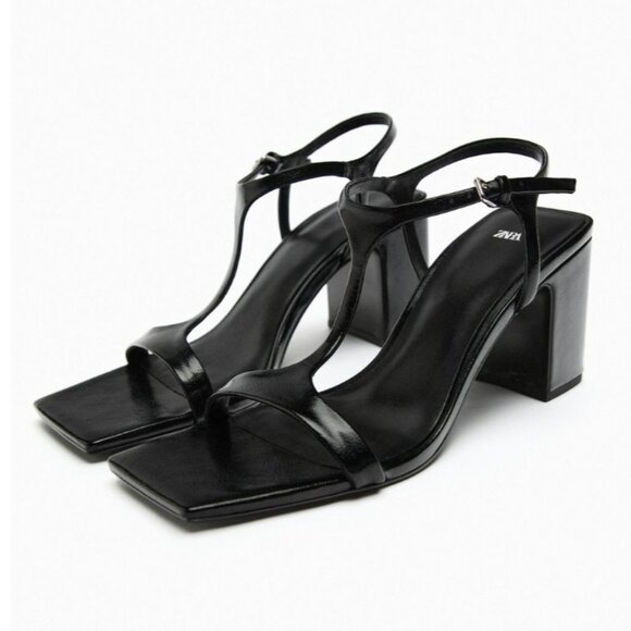 NEW ZARA LEATHER SANDALS WITH BLOCK HEEL Black EU 40 US 9 - Picture 1 of 8